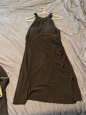 Black Halter Neck Evening Dress with Beaded Trim with built in cups